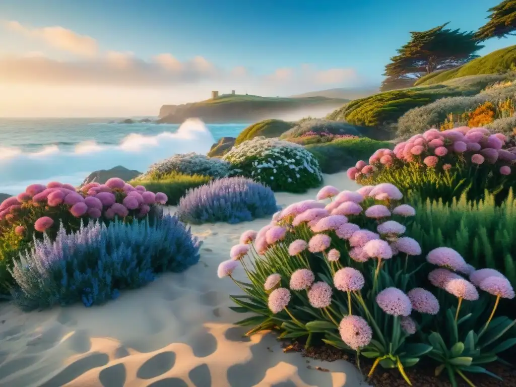 Jardín costero vibrante con plantas resistentes y mar en calma Un jardín costero vibrante con plantas resistentes como siemprevivas y pasto de playa, frente al mar y cielo azul