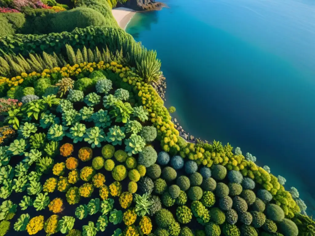Jardín costero: armonía de colores y texturas Un jardín costero vibrante con plantas resistentes al salitre, un espectáculo de colores y texturas frente al mar