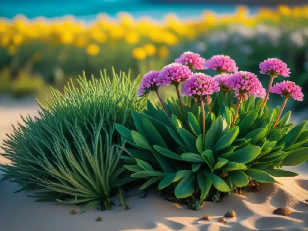 Jardín costero vibrante: plantas resistentes al mar en su esplendor Jardín costero vibrante con plantas resistentes al salitre, seagulls volando y olas rompiendo