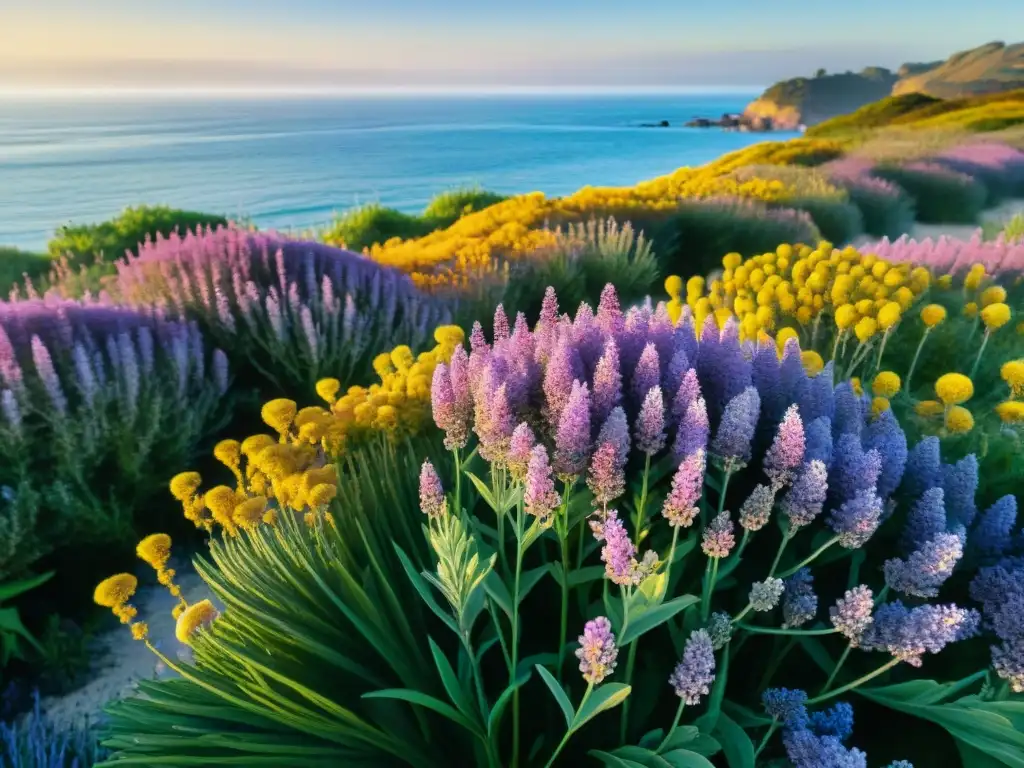 Jardín costero vibrante: flora resistente al mar Un jardín costero vibrante con plantas resistentes al salitre como lavanda de mar, pasto de playa y vara de oro marítima, en un día soleado junto al mar