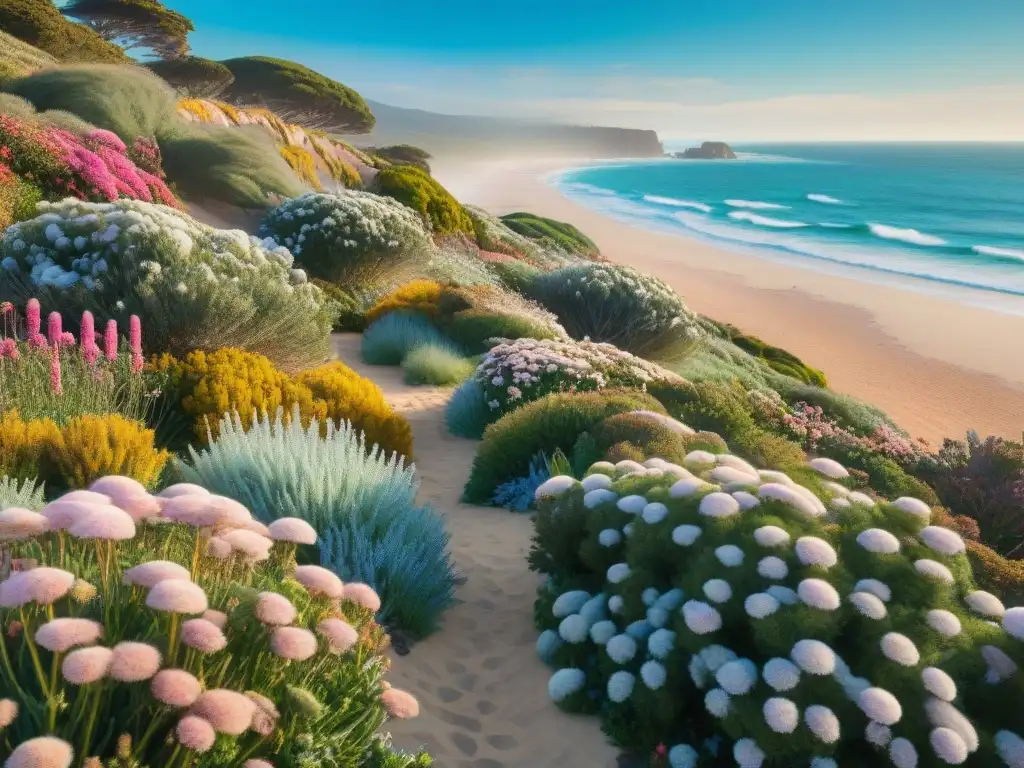 Jardín costero vibrante: oasis de plantas resilientes junto al mar Un jardín costero vibrante con plantas resistentes bajo el sol