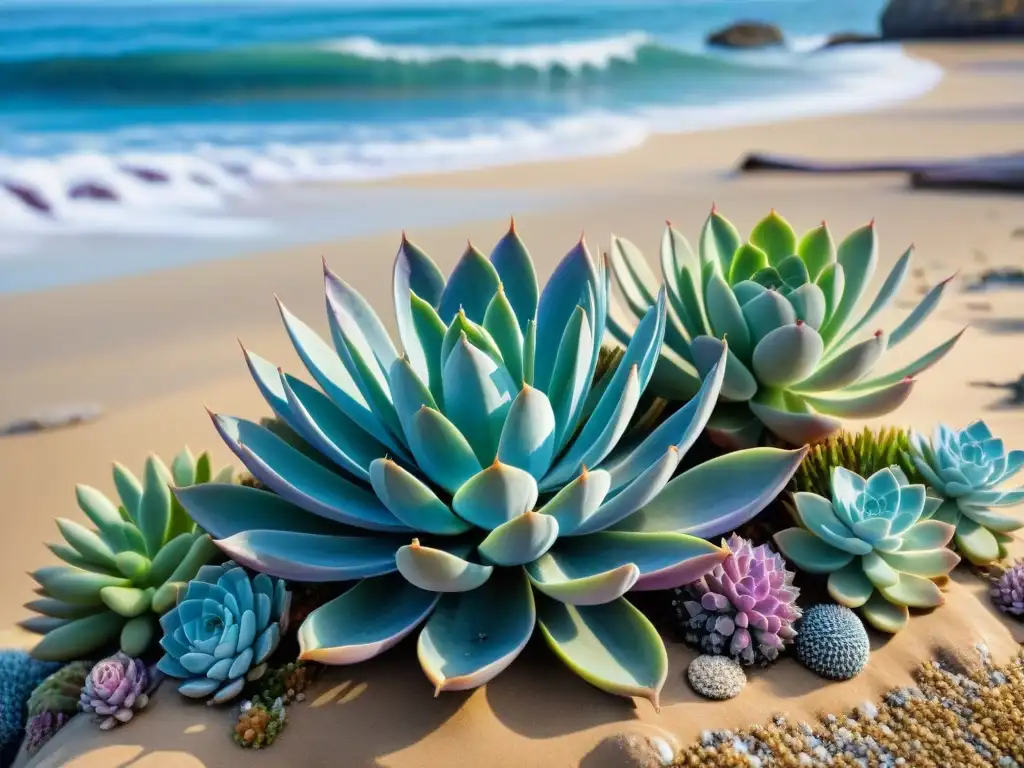 Jardín costero vibrante: suculentas en tonos de mar Jardín costero vibrante con suculentas en tonos azules, verdes y morados alrededor de madera a la deriva