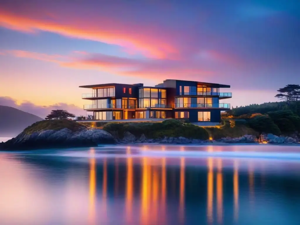 Inversión inmobiliaria costera: atardecer vibrante en un REIT moderno Inversión en REITs costeros en atardecer, reflejos anaranjados y rosados en el mar, diseño arquitectónico moderno destacando