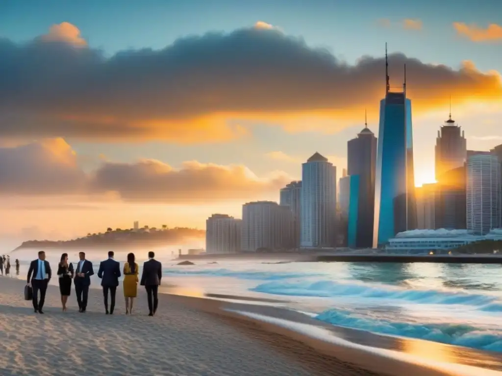 Inversión en REIT: Ciudad costera al atardecer Invertir en REITs costeros: Ciudad costera bulliciosa al atardecer con profesionales y edificios modernos