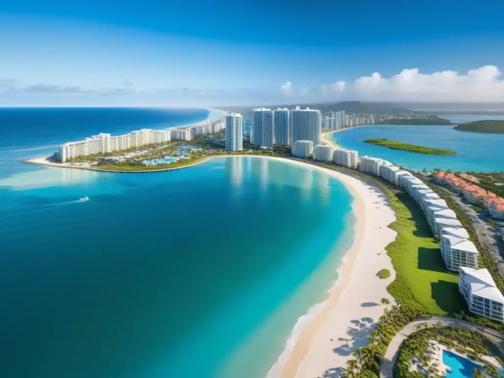 Vista panorámica de ciudad costera moderna y lujosa Inversión en REITs costeros: ciudad costera moderna con propiedades playeras y oportunidades de crecimiento