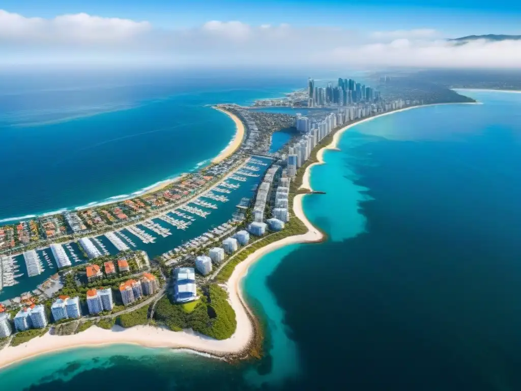 Inversiones inmobiliarias costeras: ciudad moderna y vibrante junto al mar Invierte en REITs costeros: ciudad costera vibrante con rascacielos modernos, propiedades de lujo y marinas bulliciosas bajo un cielo azul