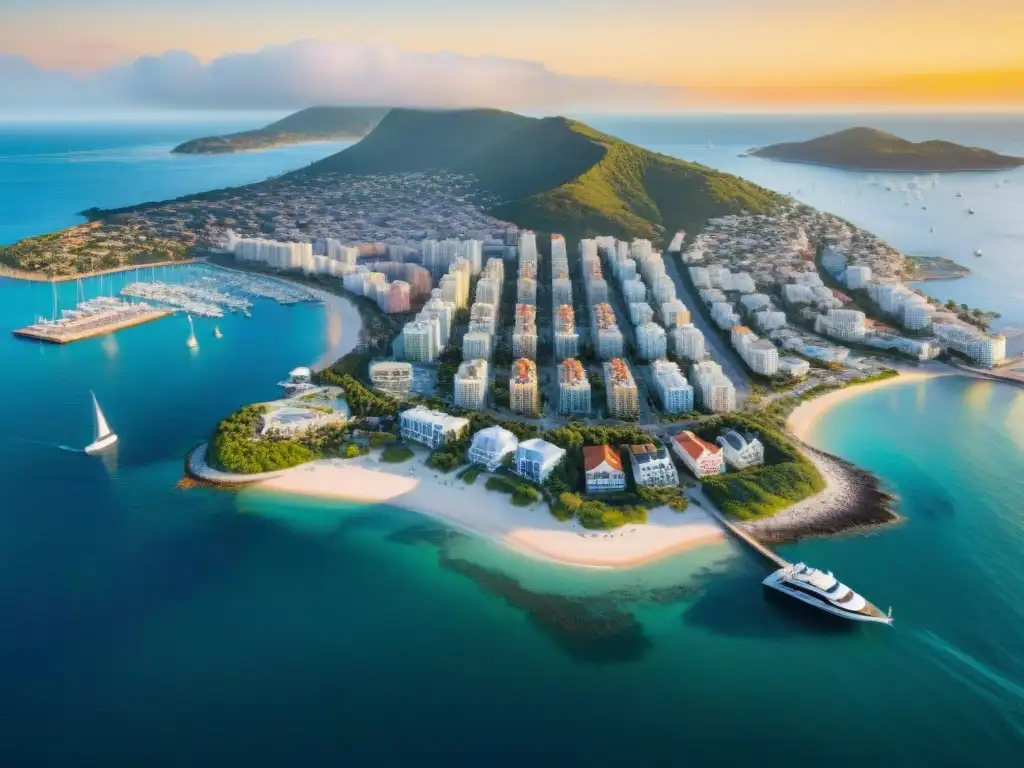 Horizonte urbano dorado: ciudad costera al atardecer Invierte en REITs costeros con esta impresionante vista aérea de una bulliciosa ciudad costera al atardecer