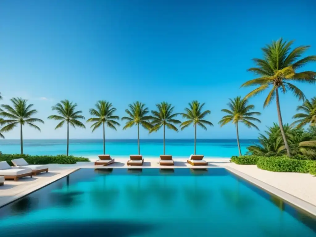 Resort de lujo en la costa: inversión inmobiliaria exclusiva Inversión REITs costeros de lujo: resort de lujo en la costa con palmeras, playa blanca y aguas turquesas