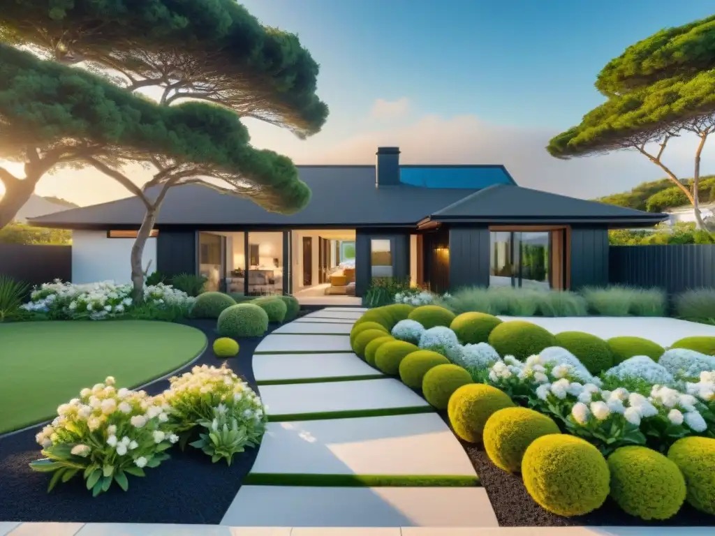 Transformación costera: jardín exuberante en antes y después Transformación de exteriores costeros con jardín renovado y vibrante