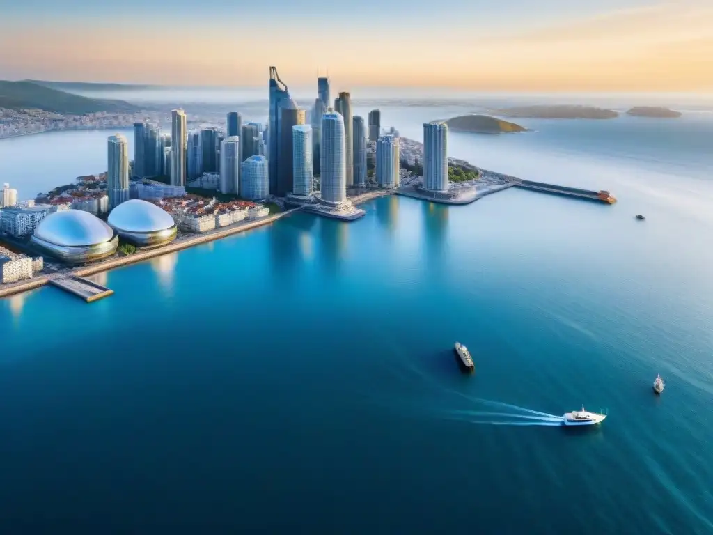 Inversión inmobiliaria costera: horizonte urbano y mar Inversión en REITs costeros: skyline urbano y mar azul se funden, brillando bajo la luz dorada
