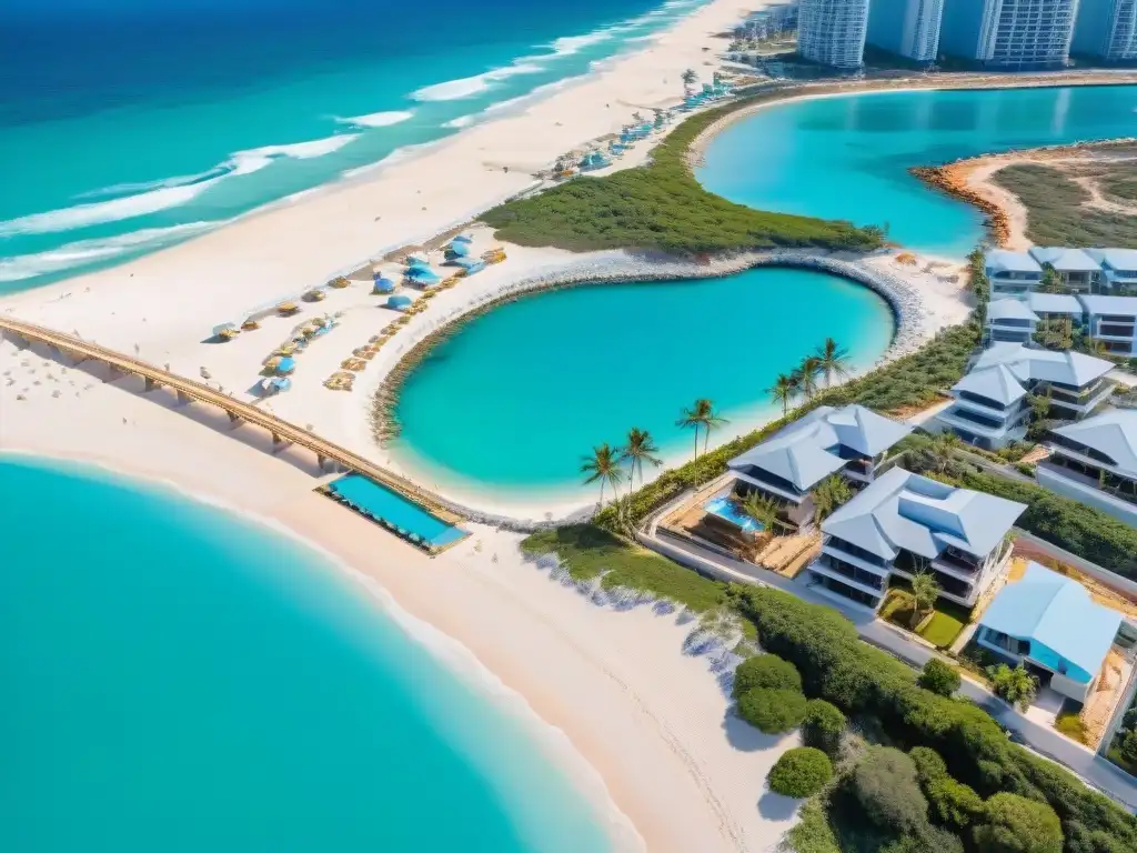 Costa turquesa: inversión inmobiliaria en crowdfunding Inversión en crowdfunding inmobiliario en zonas costeras: costa con aguas turquesas, propiedades en construcción y obreros en palmeras