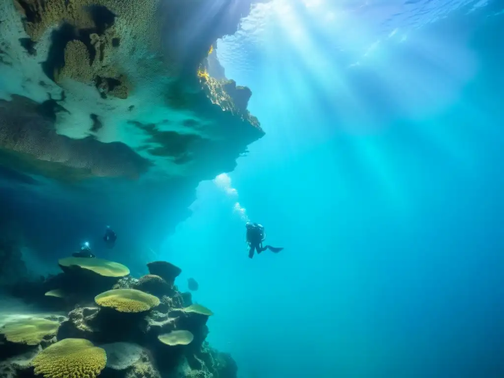 Exploración submarina en cuevas con agua turquesa cristalina Exploración en cuevas submarinas costeras: Diversidad marina y fascinantes formaciones rocosas iluminadas por rayos de sol