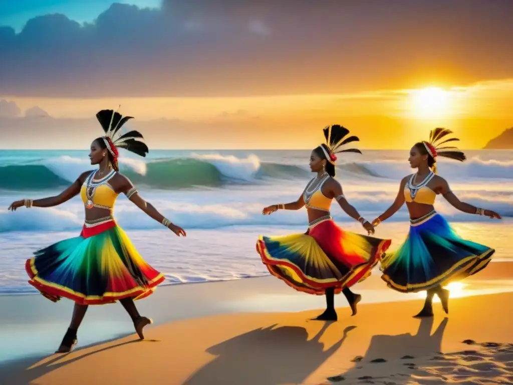 Danza costera al atardecer: coloridas tradiciones junto al mar Danza tradicional costera al atardecer con trajes vibrantes y detallados, movimientos expresivos en la playa