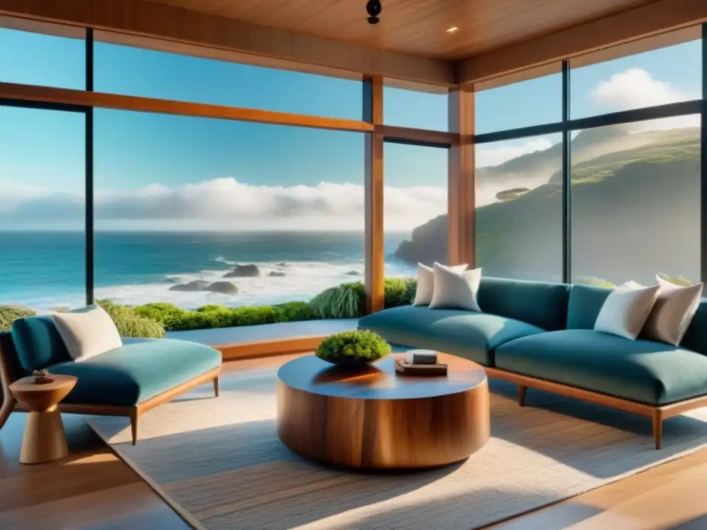 Diseño interior costero lujoso con elementos sostenibles y vista al mar Una decoración de interiores costeros exclusiva con elementos sostenibles y vistas al mar