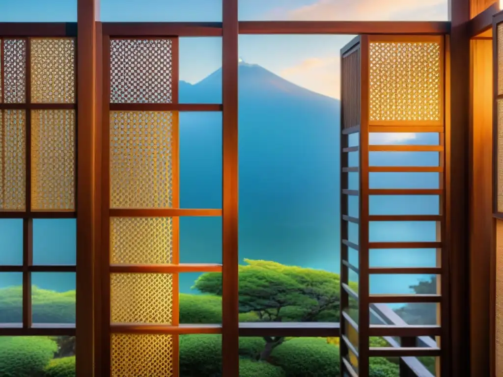 Arte japonés: Detalle sofisticado de un shoji al atardecer La delicada artesanía de una pantalla shoji japonés en la costa al atardecer