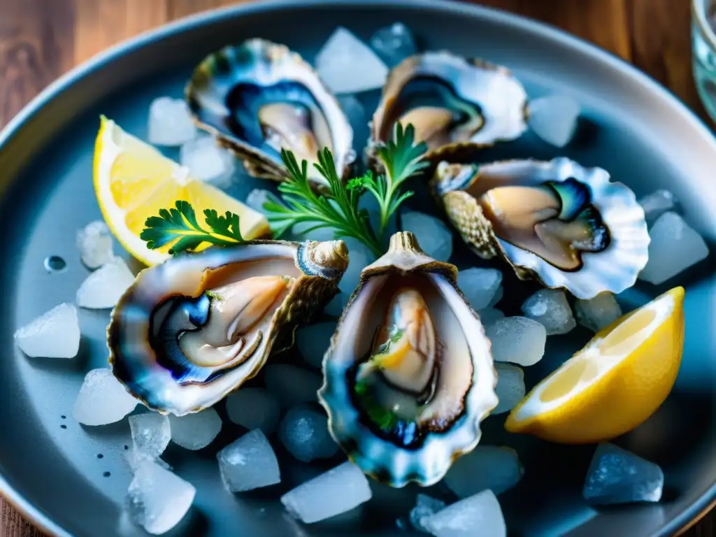 Exquisitas ostras frescas con limón y mignonette Delicadas ostras en hielo con limón, perejil y salsa mignonette