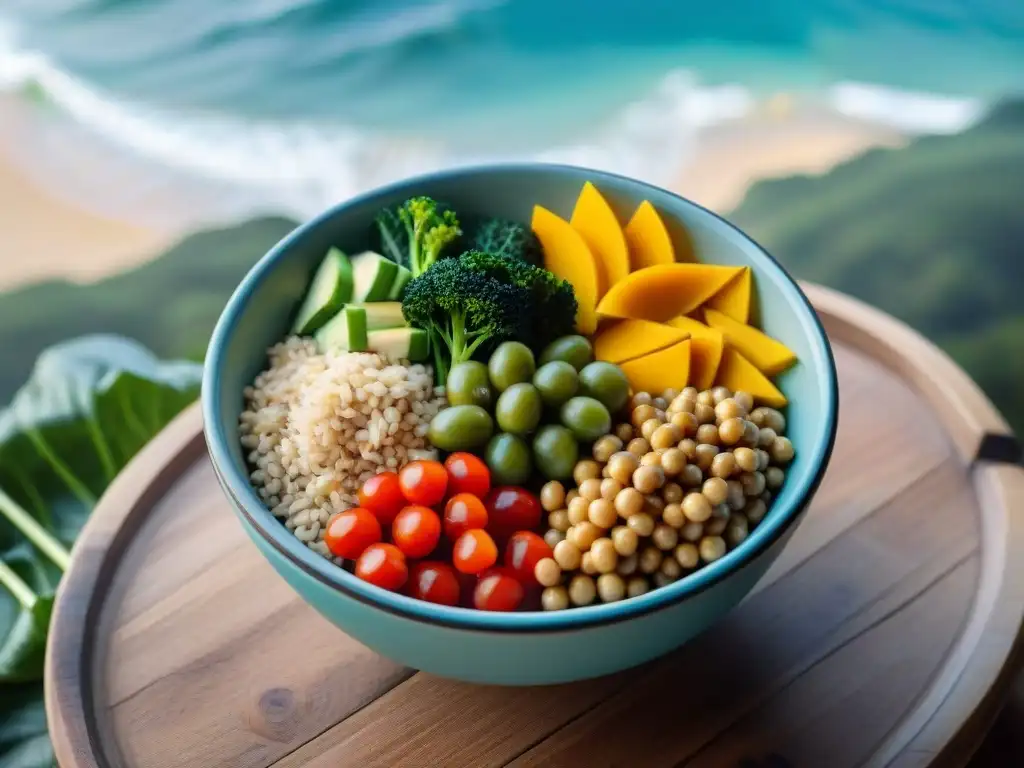 Bowl vegano vibrante en playa serena Delicioso bowl vegano colorido en mesa rústica con vista a la playa