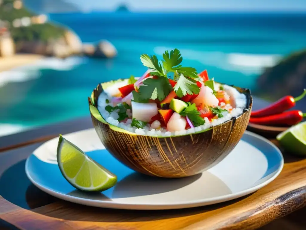 Delicioso ceviche mexicano en coco con vista a Cabo San Lucas Delicioso ceviche mexicano en concha de coco, con vista a Cabo San Lucas propiedades costeras