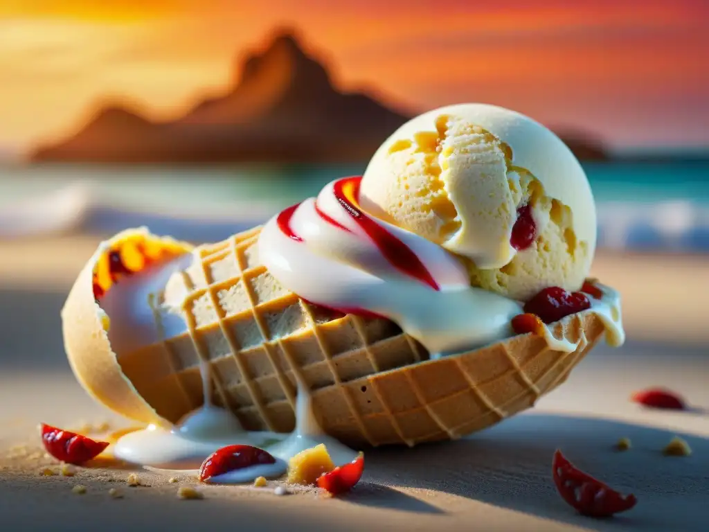 Delicioso gelato de mangochili en la playa Delicioso helado de mangochili en cono de madera en playa soleada