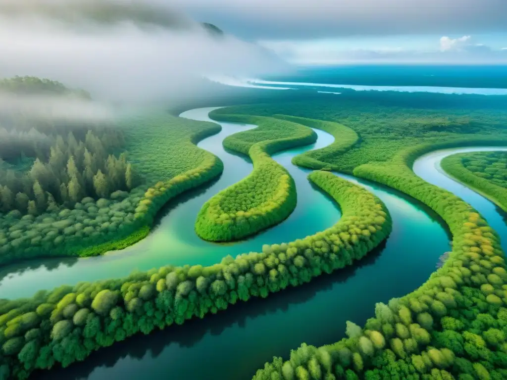 Delta fluvial: biodiversidad en armonía Un delta de río diverso y exuberante, destaca la armonía entre especies