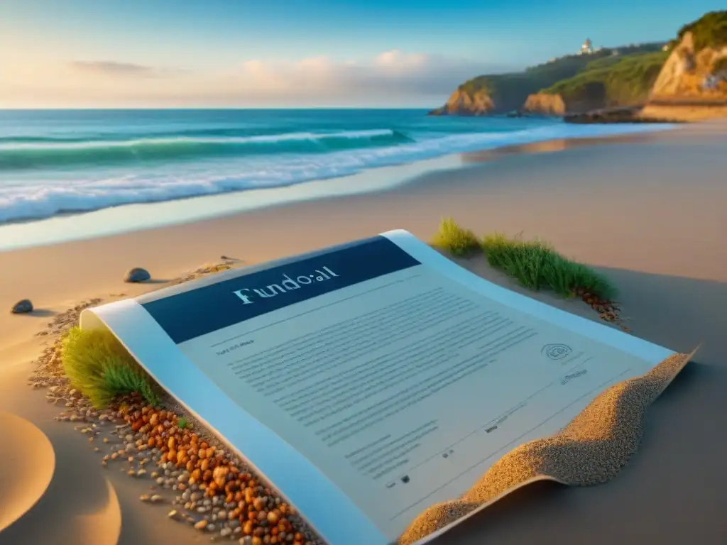 Contrato legal enterrado en la costa: real estate y naturaleza Derecho inmobiliario en la costa: documento legal parcialmente enterrado en la arena, bajo el cielo azul y gaviotas al fondo