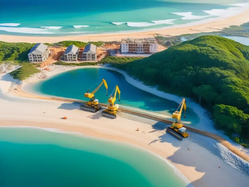 Desarrollo de propiedades de lujo en la playa: construcción frente al mar Desarrollo costero con propiedades de lujo en construcción y trabajadores