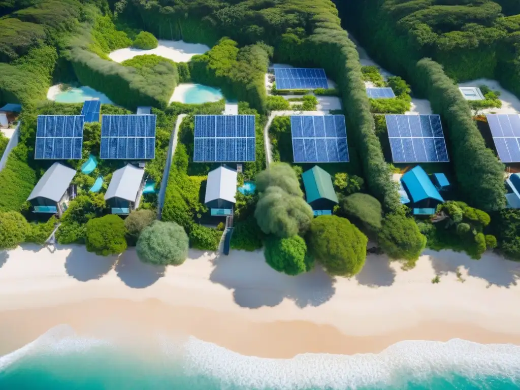 Desarrollo costero sostenible: hogares eco-amigables junto al mar Un desarrollo costero sostenible con paneles solares, turbinas eólicas y diseño ecoamigable