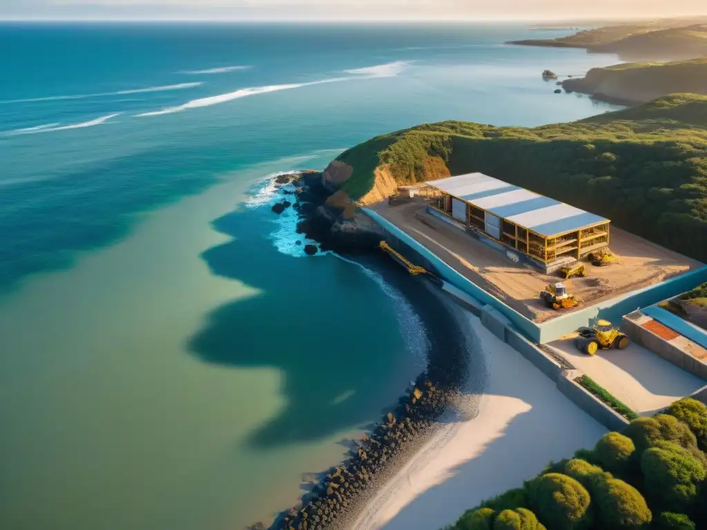 Dream Builders: Desarrollo costero al atardecer Un desarrollo inmobiliario costero al atardecer: moderna arquitectura, belleza natural y trabajadores en movimiento