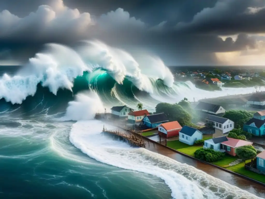 Caos y destrucción: tormenta azota ciudad costera Desastre natural: ciudad costera azotada por tormenta, olas gigantes inundan calles