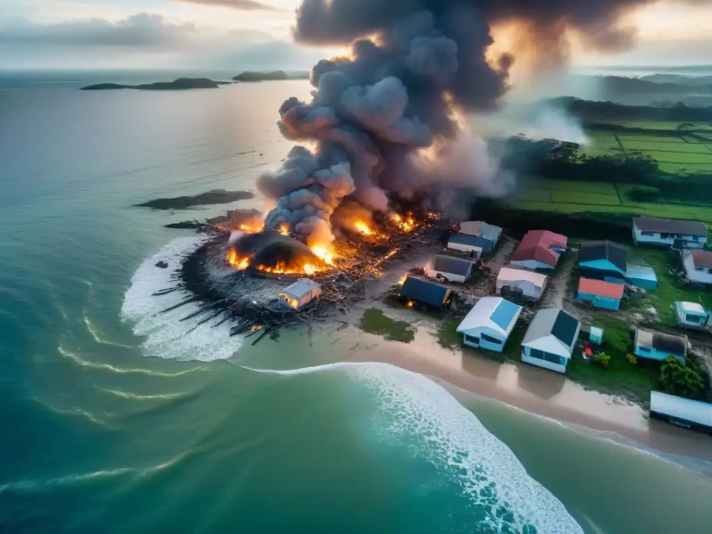 Desastre natural: devastación y resiliencia en la costa Desastre natural en la costa: edificios dañados, áreas inundadas y equipos de emergencia en acción