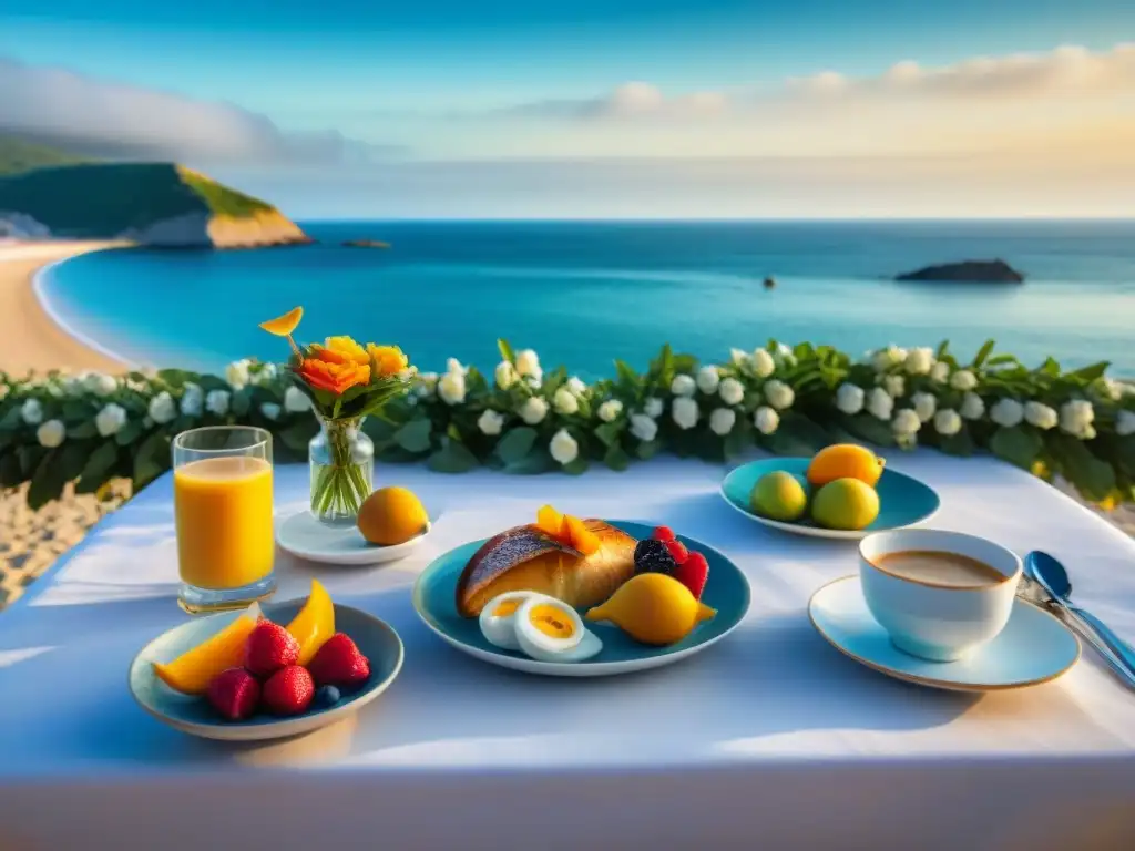 Desayuno perfecto en la playa al amanecer Un desayuno frente al mar: mesa elegante con frutas frescas, café caliente y flores vibrantes, bajo el sol matutino