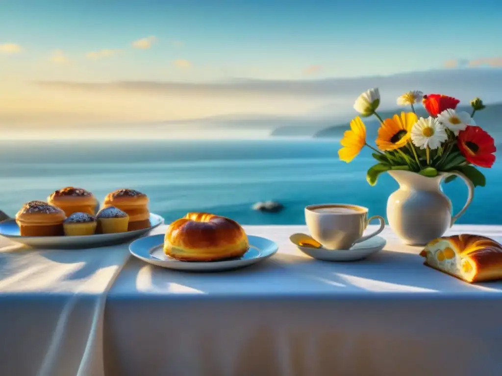 Desayuno costero sereno con café, flores y mar Desayuno frente al mar en una mesa con mantel blanco, café, pasteles y flores, con vista al océano al amanecer