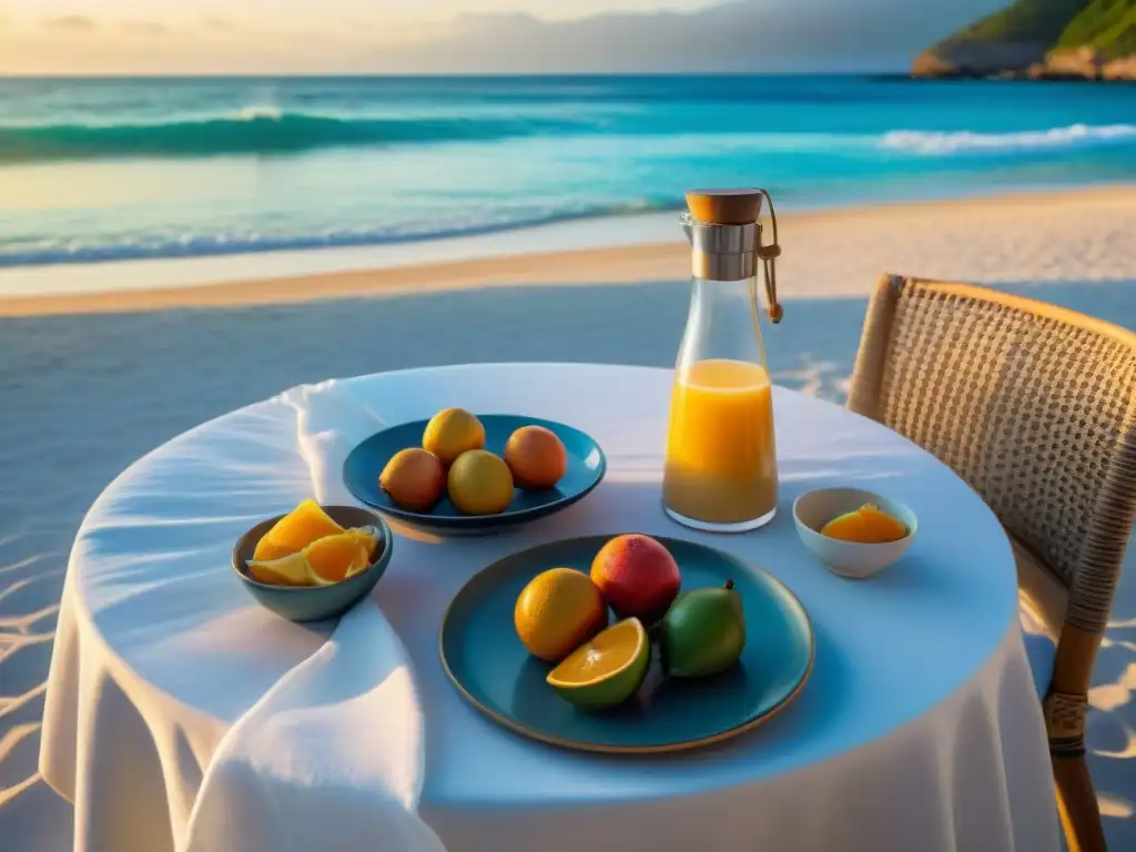 Desayuno de lujo en la playa al amanecer Un desayuno frente al mar al amanecer: frutas tropicales, jugo de naranja, pastelería y elegante vajilla, en la playa
