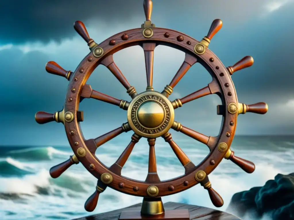 Timón de capitán envejecido frente al mar tormentoso Un timón de capitán desgastado por el mar en una tormenta, con detalles tallados y sal marina, evocando historia marítima