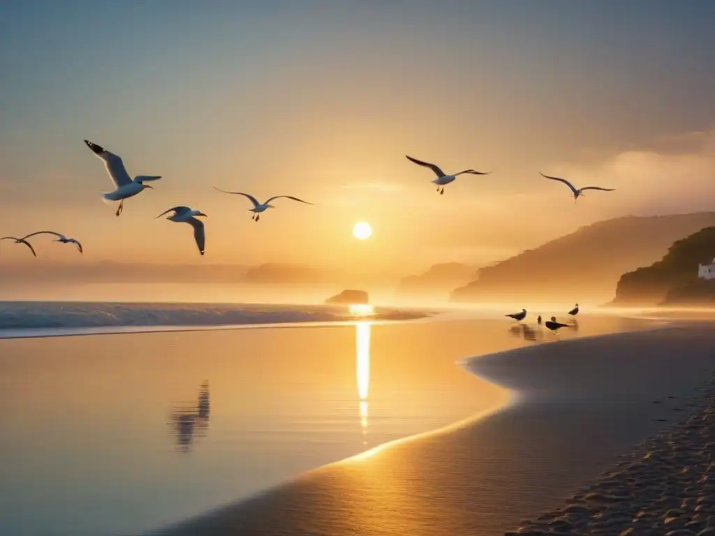 Amanecer dorado en la costa: serenidad y belleza natural Deslumbrante amanecer costero con reflejos marinos en el agua tranquila