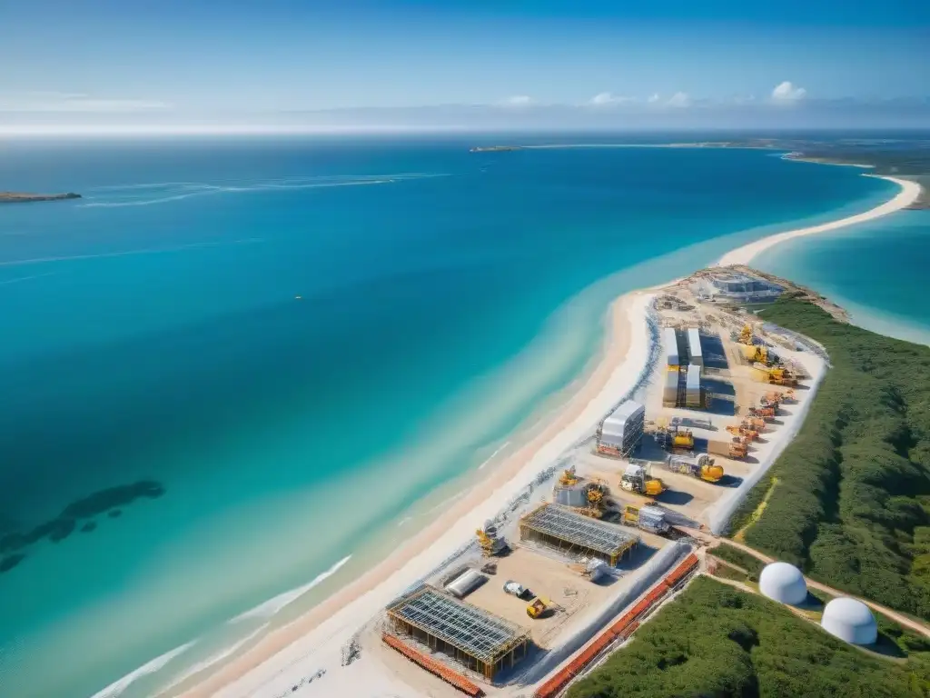 Desarrollo costero de lujo: armonía entre arquitectura moderna y naturaleza Deslumbrante proyecto inmobiliario costero en construcción con arquitectura moderna integrada con la belleza natural, trabajadores en acción
