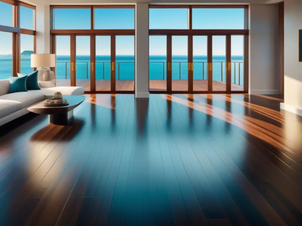 Suntuoso interior costero con suelo de madera oscura de alta gama Deslumbrante suelos de alta gama costera en casa lujosa junto al mar