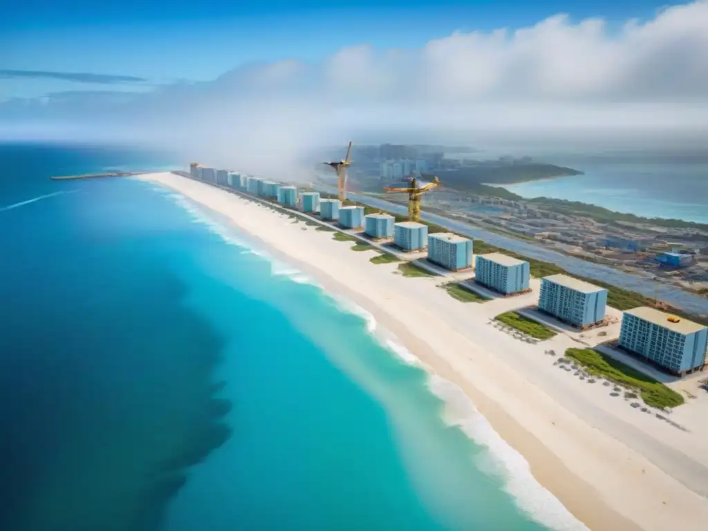 Inversión costera: Desarrollo inmobiliario junto al mar Deslumbrante vista aérea de propiedades preconstrucción en zona costera, donde el mar azul se funde con playas de arena