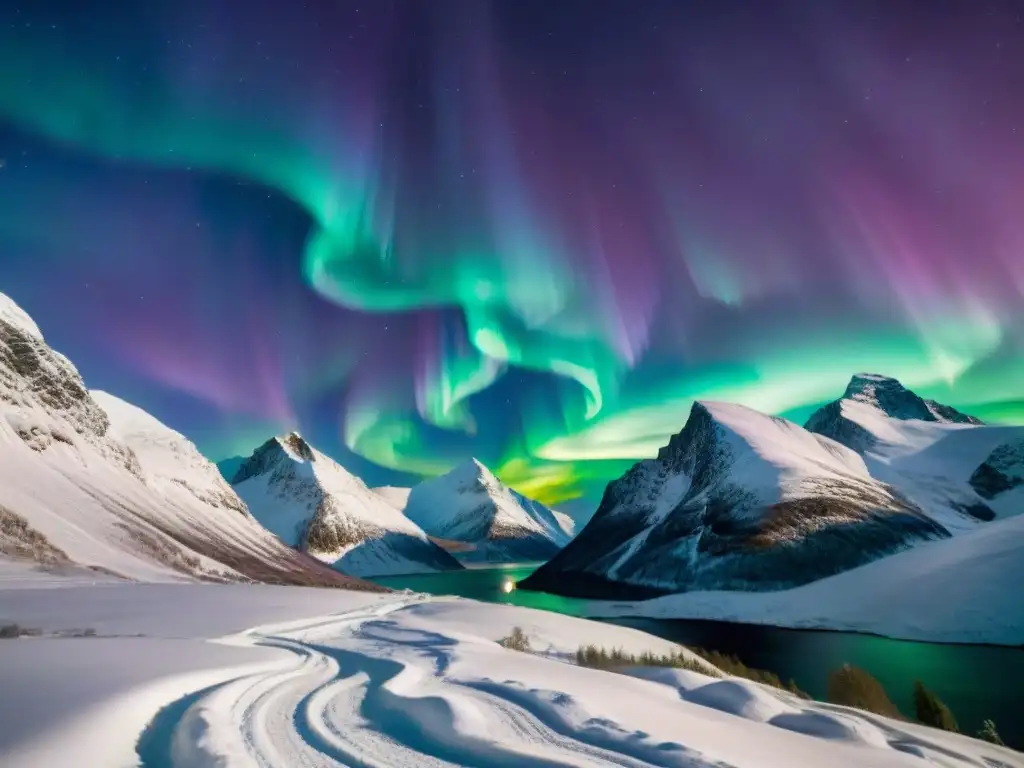 Espectacular aurora boreal iluminando la noche en Noruega Deslumbrante vista de las Auroras Boreales bailando en el cielo nocturno sobre la Costa Noruega