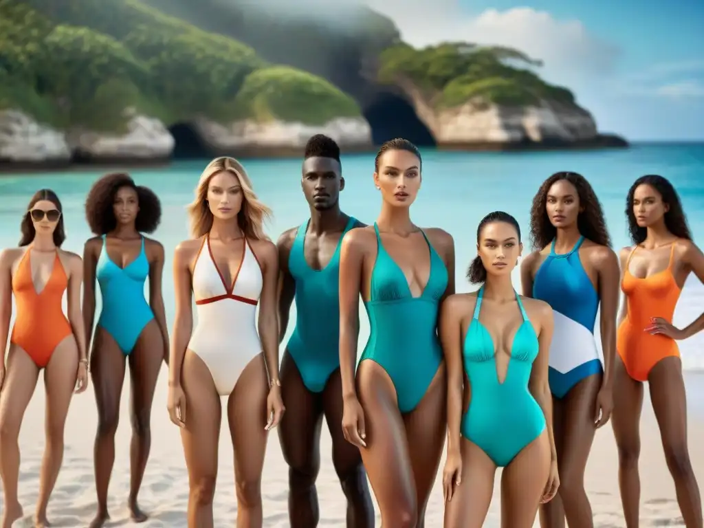 Exclusiva colección de trajes de baño de diseñador en la playa Deslumbrantes trajes de baño de diseñador exhibidos en maniquíes en una lujosa playa, destacando elegancia y sofisticación