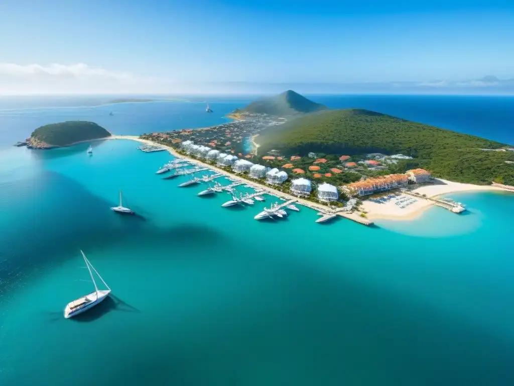 Un destino rentable de inversión costera: vista aérea de un vibrante pueblo costero con marina, yates, restaurantes y tiendas de lujo
