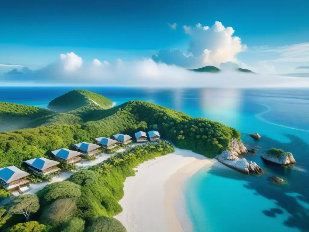 Paraíso costero: aguas turquesas y playas blancas Un destino vacacional costero de ensueño con aguas turquesas, playas de arena blanca y villas coloridas entre vegetación exuberante bajo un cielo azul