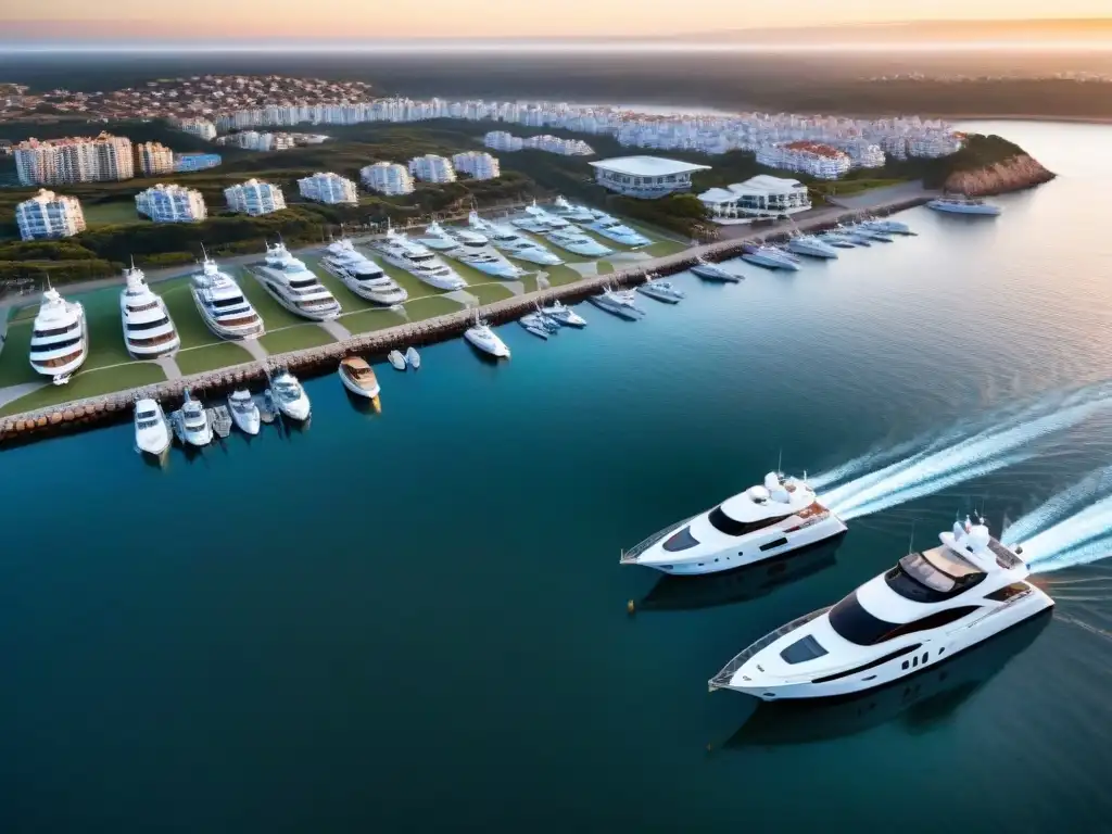 Marina de Punta del Este al atardecer: lujo y opulencia en Uruguay Destinos costeros lujo millonarios: yates de lujo en marina de Punta del Este al atardecer, reflejando opulencia y exclusividad