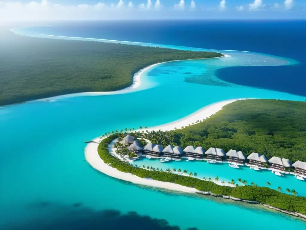 Paraíso exclusivo en La Riviera Maya: lujo y naturaleza Destinos costeros lujo millonarios: Vista aérea de La Riviera Maya, playas blancas, aguas turquesa, villas de lujo y yates en el mar
