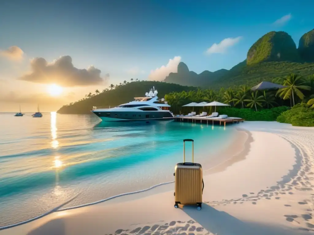 Embarque de millonarios en yate de lujo al atardecer Destinos costeros lujo millonarios: Yate de lujo en aguas cristalinas, playa blanca y atardecer dorado
