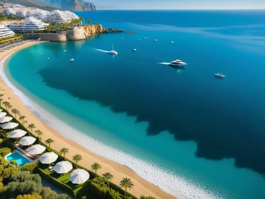 Costa de Marbella: lujo y mar Mediterráneo Destinos costeros lujo millonarios: Vista aérea de Marbella con aguas cristalinas, playas doradas y yates elegantes en la marina