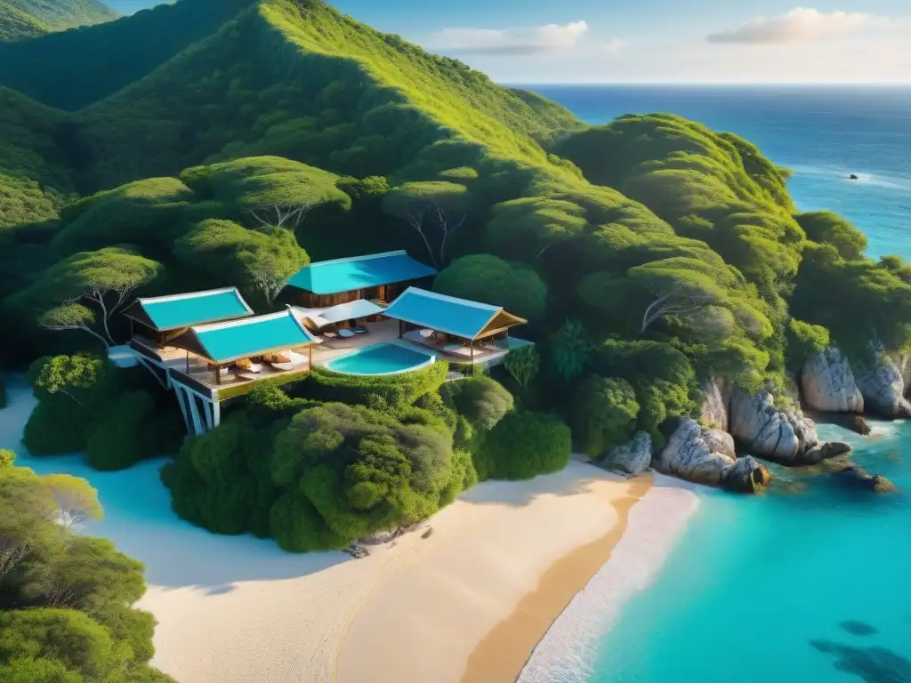 Paraíso exclusivo: playa de aguas turquesas y villas de lujo Destinos costeros de lujo: Una playa privada con aguas turquesa, arena dorada y villas de lujo entre la exuberante vegetación
