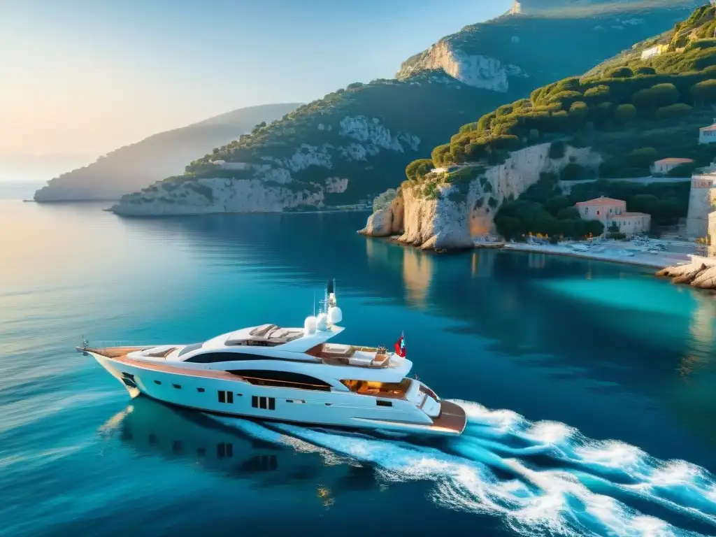 Yate de lujo en la Riviera Francesa al atardecer Destinos costeros para yatistas de lujo: Yate de lujo en la Riviera Francesa al atardecer con invitados elegantes y paisaje impresionante