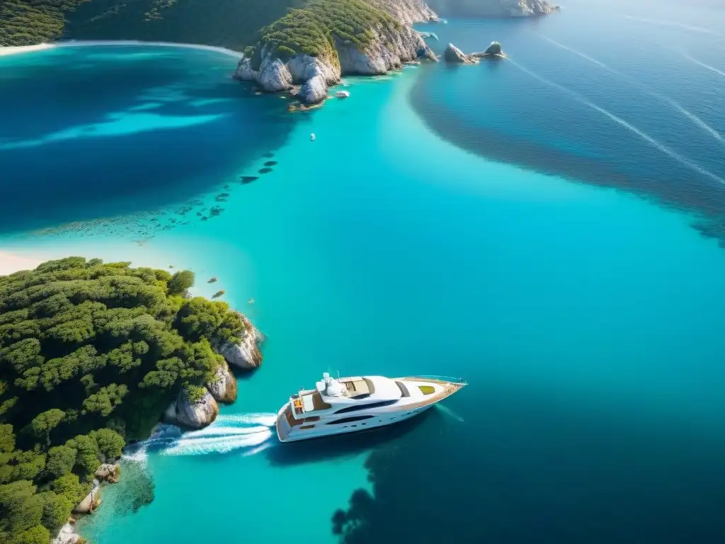 Costa de lujo: yate navegando en aguas turquesas Destinos costeros para yatistas de lujo: un yate de ensueño surcando aguas turquesas y cristalinas junto a una costa prístina