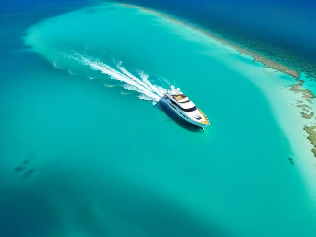 Yate de lujo navegando en aguas cristalinas de las Bahamas Destinos costeros para yatistas de lujo: Yate navegando en aguas turquesas de Bahamas con playas de arena blanca y palmeras